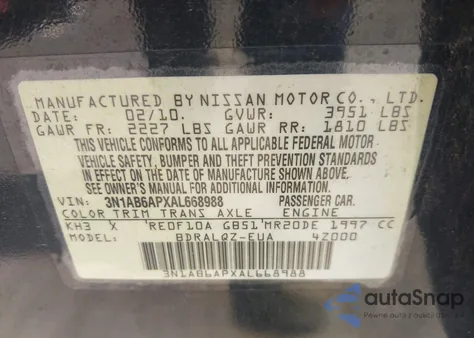 2010 Nissan Sentra 2.0 из США, поврежденный, VIN 3N1AB6APXAL668988